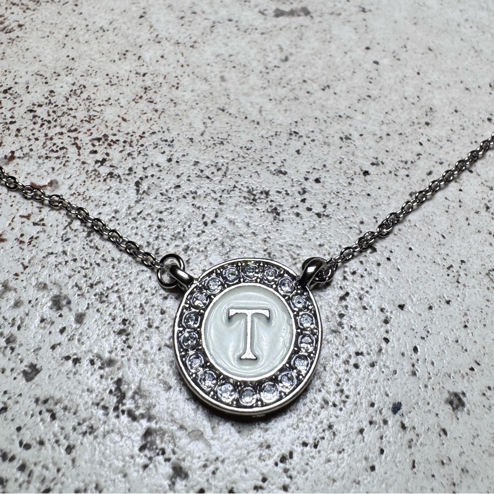White Gold Bonded “T” Letter Necklace with Rhinestone Halo - Picture 2 of 4